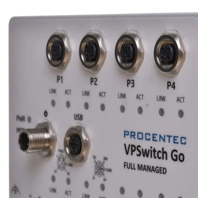 VPSwitch Go 8xM100 M12 průmyslový manažovatelný switch EN50155, IP54, FOXON