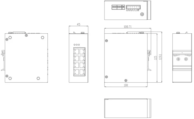 INS-G0800-T průmyslový switch DIN, 8x100/1000M RJ45, FOXON