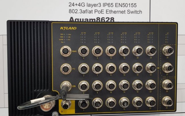 Aquam 8628/8128 industrial switch 28xM12 PoE ports, EN50155, IP65