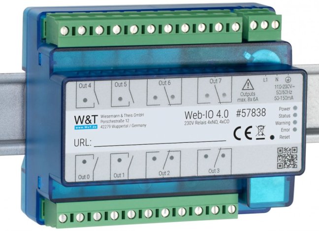 Ethernet IO remote digital inputs outputs 230V: 4xNO, 4xCO relay, Modbus TCP, REST, MQTT, OPC UA
