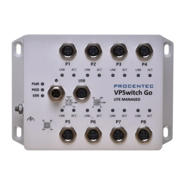 VPSwitch Go Lite 8xM100 M12 průmyslový lehce manažovatelný switch EN50155, IP54